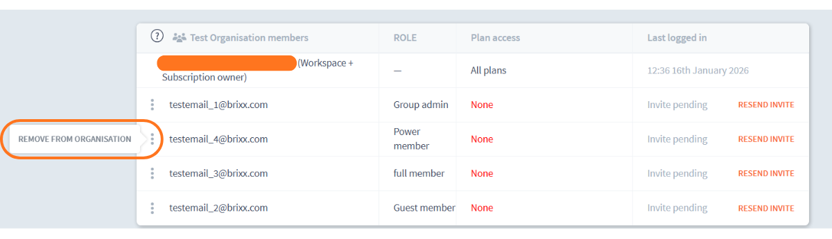 Screenshot showing the Remove from Organisation button in the Brixx app