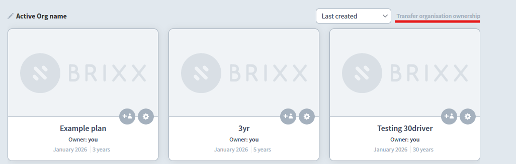 Screengrab showing the transfer Organisation button in the Brixx app