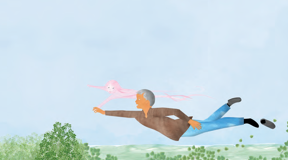 Illustration of man standing tall with spirits applauding as a child plays a grand piano within