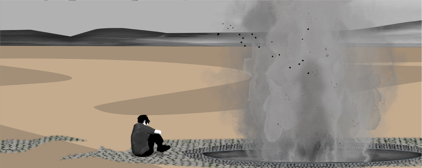 A young man sits dejected beside a smoldering pit in a barren landscape