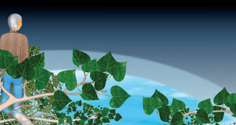 Illustration of man surveying the curve of the Earth from the boughs of a tall tree.