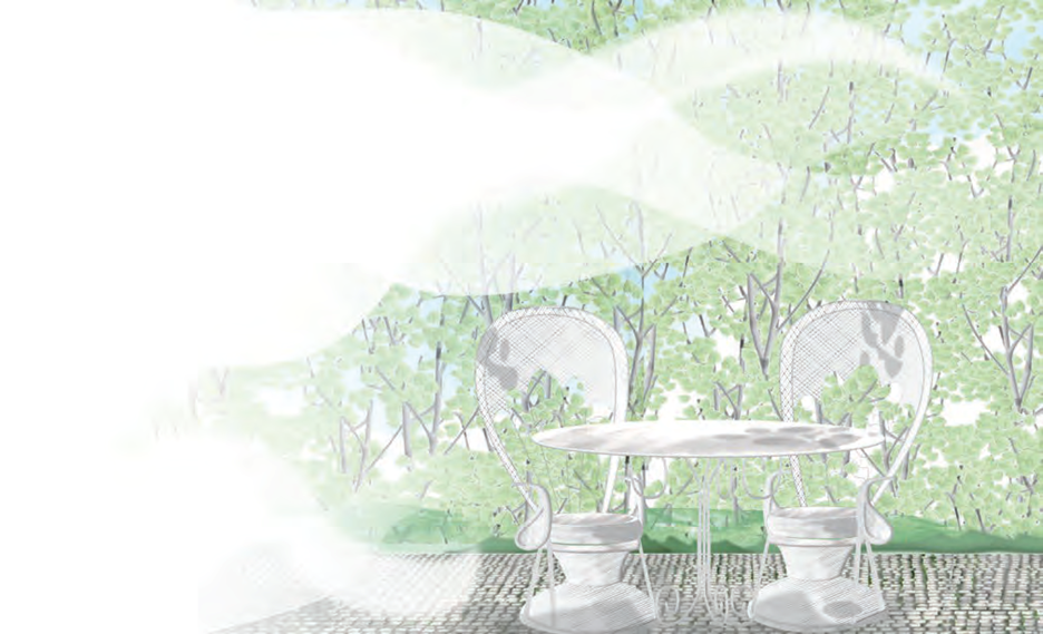 Two chairs sit empty by a garden table while the presence of Spirit wafts through the scene