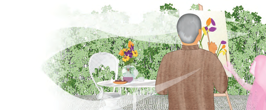 Illustration of man capturing the beauty of his garden by painting brightly colored flowers on an easel