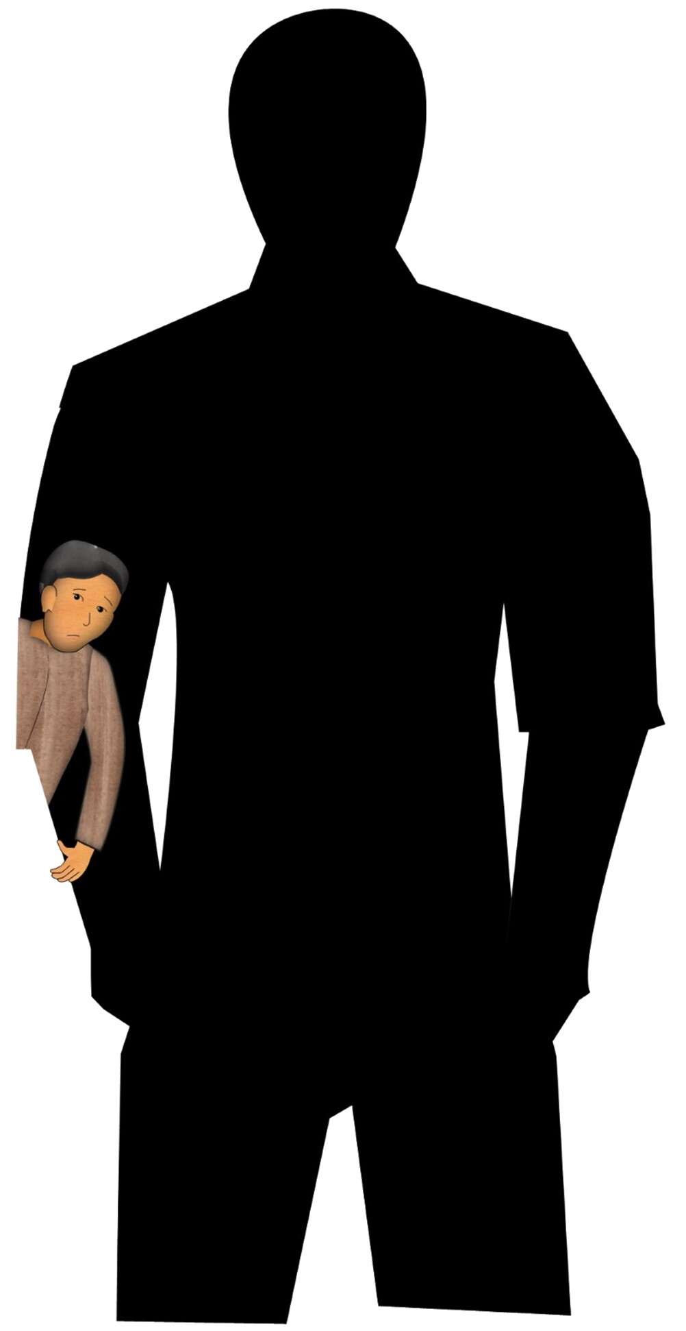 Silhouette image of a man with a young boy lurking inside the crook of his arm